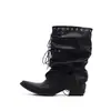 Botines Vaqueros Occidentales de Diseño de Nicho para Mujer Puntiagudos de Caña Media Fruncidos Adelgazantes Botas de Suela Gruesa con Tacón Grueso para Pantalón