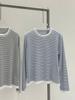 Blusa de Tricô Listrada de Manga Curta Estilo Japonês em Lã Fina, Suéter de Gola Redonda para Primavera e Verão, Camisa Básica Solta e Macia de Manga Longa