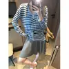 Suéter de malha casual para o dia a dia, estilo coreano, com blocos de cores simples, listrado, botões, gola V, modelagem justa, manga longa MQ1264
