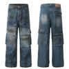D1616 Retro Americano Moda Callejera Resistentes Múltiples Bolsillos Diseño de Spray de Color Jeans de Mezclilla Sueltos para Hombre