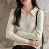 Suéter de malha simples de lapela de alta qualidade para mulheres, camisa base outonal slim-fit com gola polo