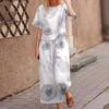 Ropa Nueva para Mujer Transfronteriza Amazon AliExpress Algodón y Lino Estampado Posición Flor Manga Corta Casual Conjunto de Pantalones hasta el Tobillo