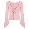 Top Sexy de Manga Larga con Cuello en V para Mujer, Estilo Otoño e Invierno 2026 Primavera, Estilo 'Hot Girl', Cintura con Cordón Fruncido, Camiseta de Manga Acampanada