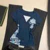Camiseta Retro Americana 2026 Estampado Floral Azul para Mujer Encaje Patchwork Cuello en V Ajustada Manga Corta Top vintage