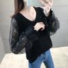 Suéter Feminino de Manga Curta, Tricô Novo para Roupa Externa, Mangas Finas de Renda, Top Interno de Gola Baixa, Caimento Solto, Camada Base Fashion