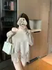 Top de malha feminino com retalhos de renda, ombro a ombro, em mohair, nas cores damasco, branco, café e cáqui