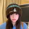 Gorro de punto lindo estilo japonés para cachorro para mujer, gorro cálido para proteger las orejas de otoño e invierno, gorro de punto a rayas para circunferencia de cabeza grande