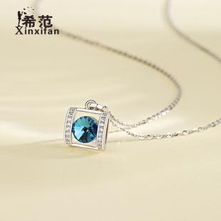 Collar geométrico de plata esterlina s925 para mujer, versión coreana, exquisito colgante cuadrado de diamante azul, cadena de clavícula, moderno nicho rojo de red combinable.