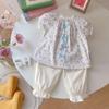 Ropa de Verano para Niñas 2025 Nuevo Bebé Manga Corta Floral Lazo Moda Estilo Princesa Manga Abullonada Pantalones Medios Conjunto de Dos Piezas