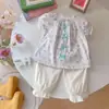Traje de Verano para Niñas 2025 Nueva Moda para Bebés Pequeños Conjunto de Dos Piezas de Manga Corta con Lazo Envío Directo