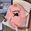 Verão Novo Estilo Estampa de Gato Desenho Animado Algodão Puro Manga Curta Top Roxo Ombro Direito Decote Redondo Tamanho Grande Solto Redutor de Idade Camiseta