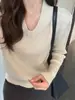 Suéter Sencillo de Punto de Manga Larga con Cuello en V Color Albaricoque Estilo Retro Americano para Mujer, Capa Base Adelgazante de Primavera y Otoño