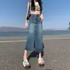 Saia Midi Jeans de Cintura Alta com Fenda para Mulheres, Novo Estilo Verão 2026, Saia Evasê Emagrecedora que Molda o Corpo, Saia Solta para Figuras Baixas