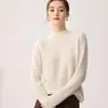 Suéter pullover de punto grueso 100% lana de cabra pura para mujer con cuello semialto y hombros raglán, perfecto como capa base