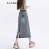 Falda de Mezclilla Color Claro para Cadera Mujer Primavera y Otoño 2025 Tendencia Versátil Nueva Cintura Alta Falda Midi de Línea A con Abertura