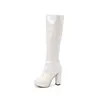 Nuevas botas altas de mujer para otoño e invierno, estilizan y son versátiles, botas largas de charol con tacón alto, botas largas de charol morado brillante con tacón grueso