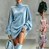 2026 Nova Moda Europeia e Americana Feminina Moletom de Gola Alta com Sobreposição de Veludo Dourado, Camisa Morcego Solta, Loja Independente da Amazon