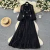 Estilo Francés Moda de Alta Gama Farol de Flor Tridimensional con Perlas Manga Larga Ajustada a la Cintura Vestido Plisado Aspecto Delgado Elegante Falda Larga para Mujer