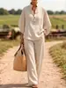Conjunto de dos piezas para mujer de lino, primavera-verano, transpirable, casual, con botones, pantalón de pierna ancha, 2026, transfronterizo europeo y americano, sin arrugas