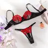 Solo Hecho a Medida - Conjunto de Lencería Bordado Floral Estilo Francés Ultra Fino Push-Up Tangas Transparentes para Mujer