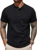 Camiseta Transpirable Texturizada de Manga Corta de Algodón de Bambú, Corte de Hombro Regular, Camiseta de Verano para Hombre con Cuello Henley Retro Americano, Top Ligero