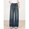 Jeans largo xadrez branco lavado retrô para mulheres, novo outono 2026 cintura alta design solto calças compridas