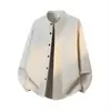 Camisa retro americana de cuello mao de manga larga para hombre, casual de primavera, corte holgado, azul marino, chaqueta camisa para hombre, top al por mayor