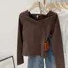 Camiseta Lisa Simples de Manga Longa com Decote V para Mulheres, Primavera e Outono, Base de Veludo Alemão Escovado, Top Ajustado Estilo Coreano