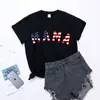 Destaque 2023 Nova Camiseta Casual Feminina com Gola Redonda e Manga Curta Estampada MAMA Bandeira Americana Dia da Independência da Amazon