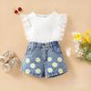 Roupas Infantis Transfronteiriças Novo Conjunto de Verão para Meninas Top de Malha com Manga Voadora Shorts Jeans Love Conjunto de Duas Peças para Crianças e Crianças de Meia-Idade