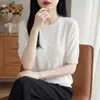 Top de punto simple con cuello redondo y manga corta para mujer, para uso en verano, jacquard calado, tacto de alta gama, camiseta blanca de lino con tacto fresco