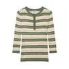 Comércio Exterior Roupas Femininas 2026 Verão Moda Europeia e Americana Casual Acabamento Botão Listras Design Malha para Mulheres A37062