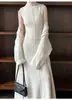 Conjunto de Suéter Cardigan Longo de Tricô Estilo Preguiçoso para Mulheres, Novo Conjunto de Duas Peças com Vestido de Gola Alta para Outono e Inverno