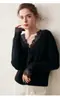 Romance Francés~Cárdigan de Punto con Cuello en V de Encaje 100% Cachemira para Mujer, Suéter Básico, Elegante Prenda Exterior para el Trabajo