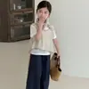 Conjunto de Tres Piezas para Niña de Verano Estilo Coreano Manga Corta Moda Versátil Chaleco Hueco Conjunto de Verano Color Sólido Encaje con Pantalones Largos