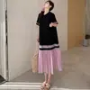 Vestido Elegante Patchwork Estilo Coreano Bloqueio de Cores Simples 2026 Novo Vestido de Verão Feminino Solto Preto Vestido Longo Camiseta