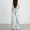 Jeans Azules Claros Versátiles de Pierna Ancha para Mujer, Nuevo Estilo Otoño/Invierno, Holgados y Adelgazantes, Diseño de Hebilla Parisina, Pantalones Rectos de Largo Hasta el Suelo