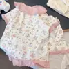 Estilo Ins Pastel Dulce Conejito Pijama Mujer Solapa Verano Manga Corta Pantalones Cortos Casual Dos Piezas Ropa de Casa