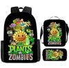 Plantas de mochila de desenho animado impressas novas transfronteiriças vs. Conjunto de Três Peças de Mochila Escolar de Grande Capacidade Zombies para Alunos do Ensino Fundamental e Médio