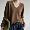 Suéter de punto de color liso con textura de panal y cuello en V, prenda base de punto de manga larga holgada para mujer, suéter de punto versátil para el trabajo y el uso diario