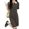 Vestido de Punto con Cuello Polo Rayado y Cremallera para Mujer Verano Estilo Coreano Holgado Dulce y Lindo Diseño Falda de Manga Corta