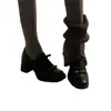 Versión de piel de vaca~zapatos Mary Jane de punta redonda y tacón grueso con lazo, zapatos de tacón alto sin cordones, mocasines de suela gruesa