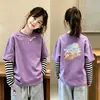 Camiseta de Manga Longa para Meninas, Novo Estilo Outono 2026, Camiseta Básica Casual Duas em Uma Infantil, Top 100% Algodão para Bebês Meninas