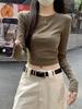 Top de Hombro Ajustado Color Verde Militar para Mujer, Primavera 2026 Manga Larga Capa Base Estilo Americano Chica Picante Ins Camiseta Corta