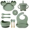 Juego de Alimentación para Bebé de Silicona de Grado Alimenticio de 9 Piezas, Plato con Ventosa de Cangrejo, Vaso Entrenador de Oso, Babero Impermeable, Kit Completo de Vajilla para Niños Pequeños Libre de BPA para Comer Solo