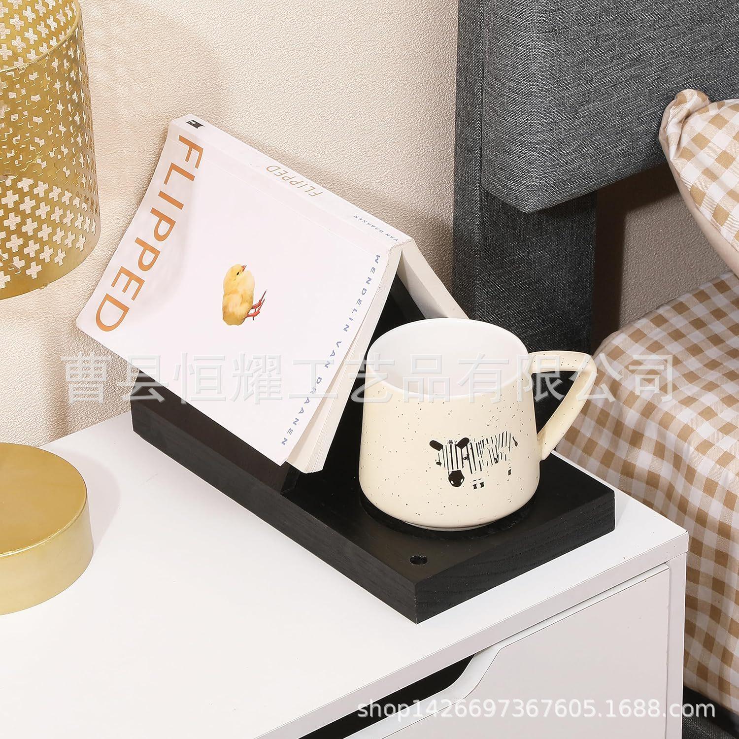 桌面木制三角形书签带饮料架书角展示摆件床头柜木质三角阅读架