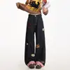Jeans bordados de dibujos animados modernos y elegantes para mujer, pantalones vintage de cuadros con puños, pantalones versátiles de pierna ancha rectos