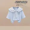 Verão 2026 Novo Doce Estilo College Gola de Marinheiro Manga Curta Camiseta Patchwork Xadrez Casual Calça de Perna Larga Conjunto de Duas Peças