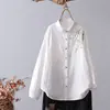 Camisa de Gaze de Algodão de Camada Dupla com Manga Longa para Mulheres Estilo Coreano Artística Solta Bordada Macia para Mulheres