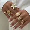 Anel de aço inoxidável branco com madrepérola de luxo leve transfronteiriço, anel aberto empilhável floral irregular vintage 18K feminino
